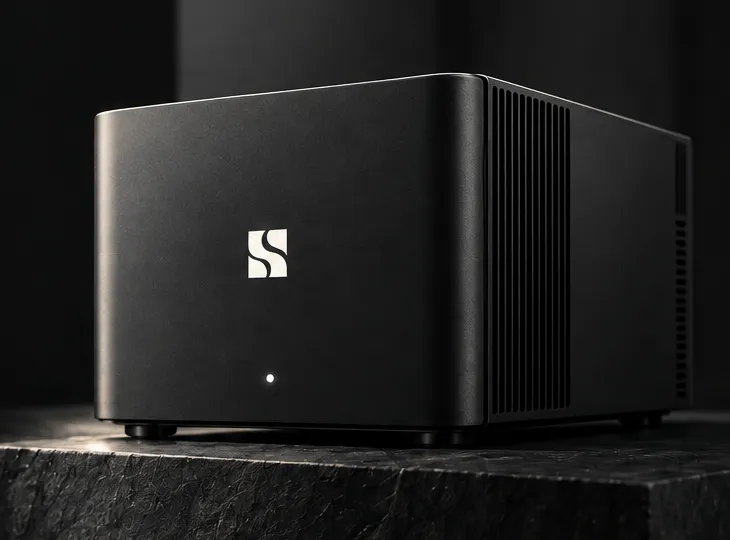 Concept render of a matte black Saddle Tree AI server on a stone plinth